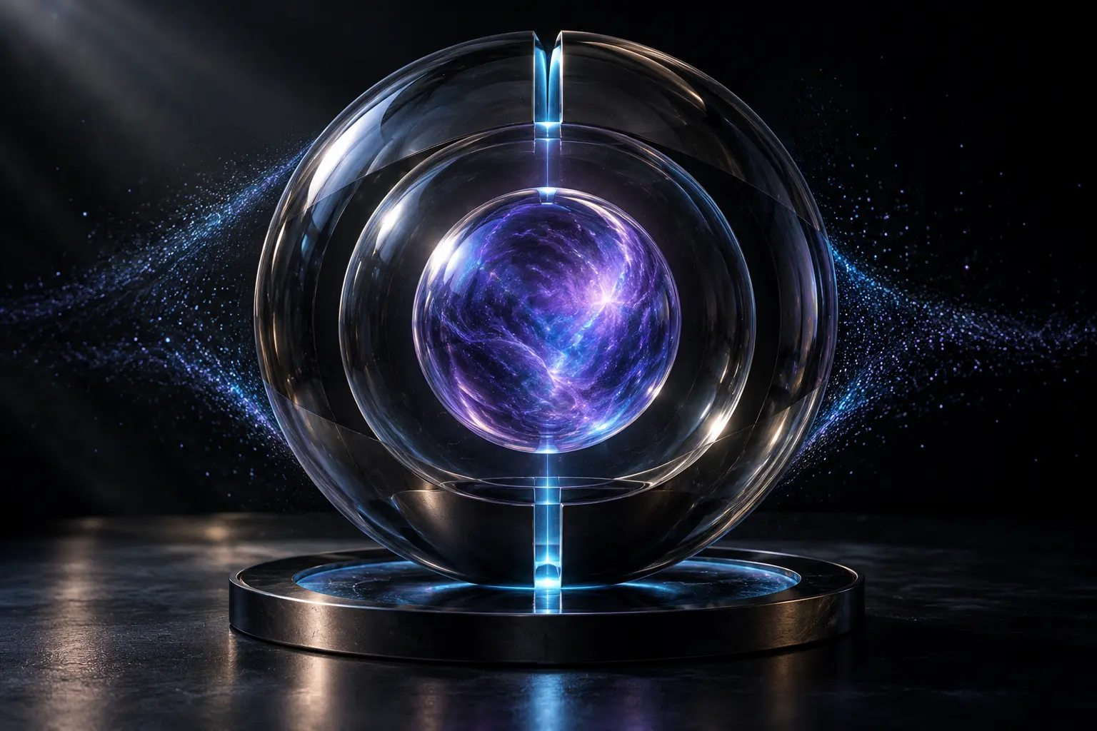 Violet optical sphere contained within layered dark glass and a narrow cyan opening.