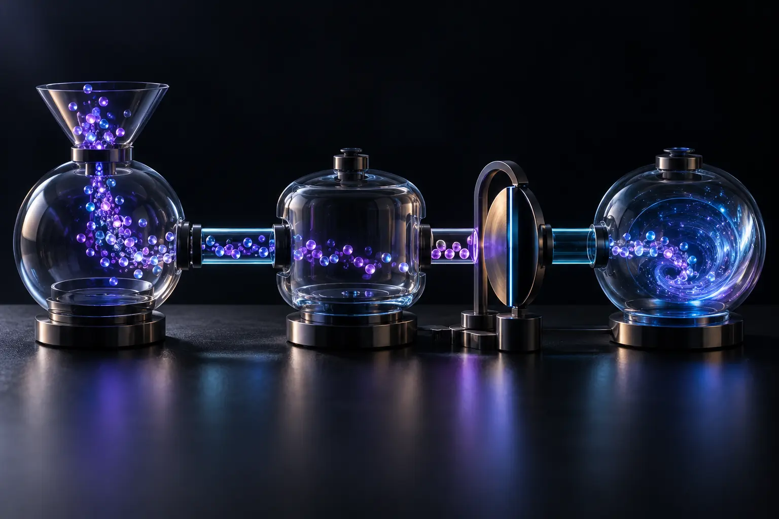 Three connected glass chambers guide violet particles through a controlled gate.