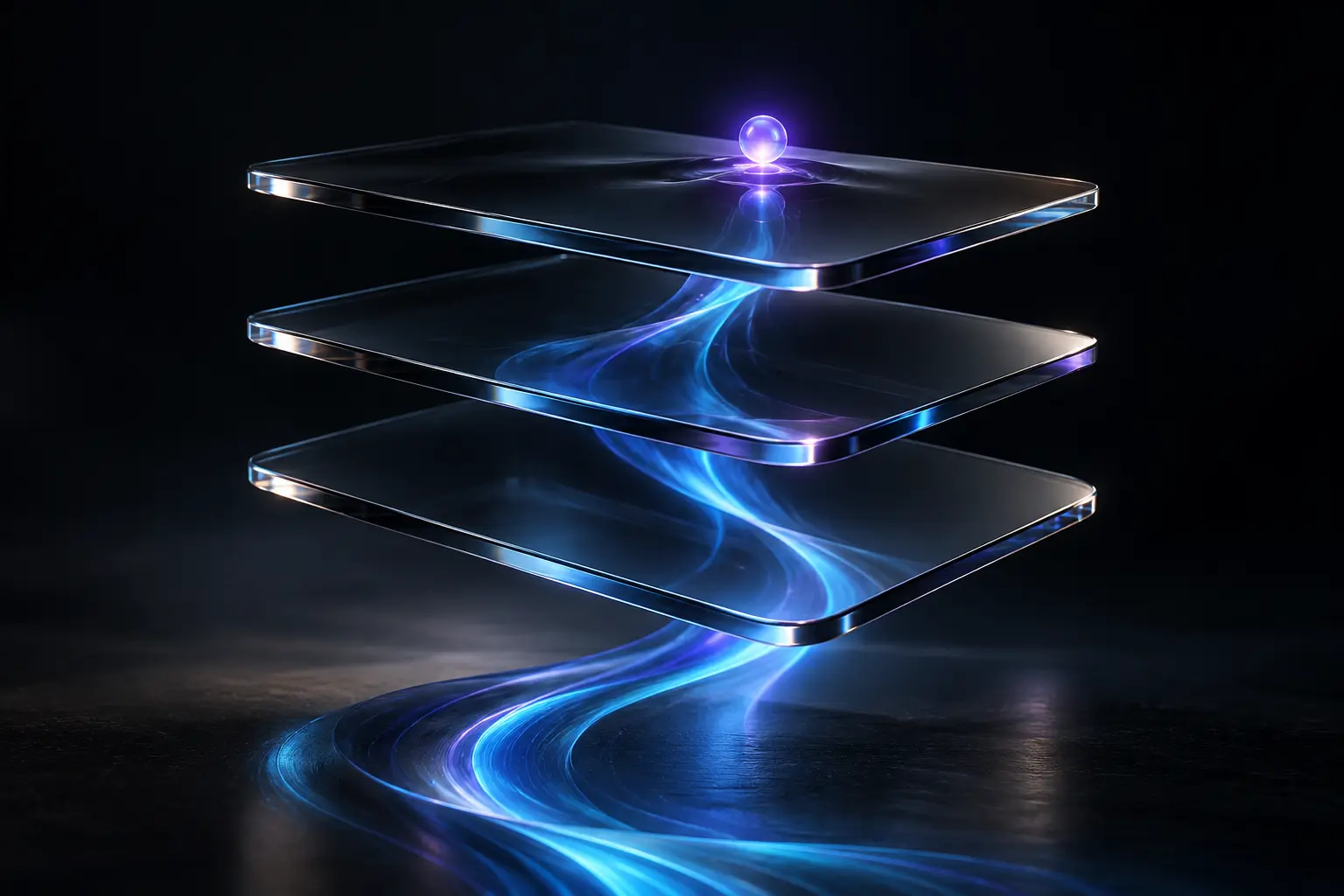Three precisely aligned glass panels hover above a flowing blue ribbon of light.