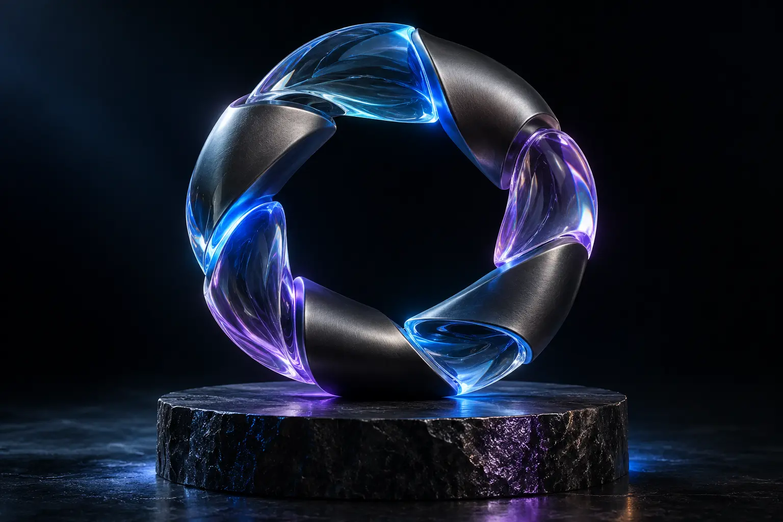 Six graphite and blue-violet glass segments form a continuous sculptural ring.