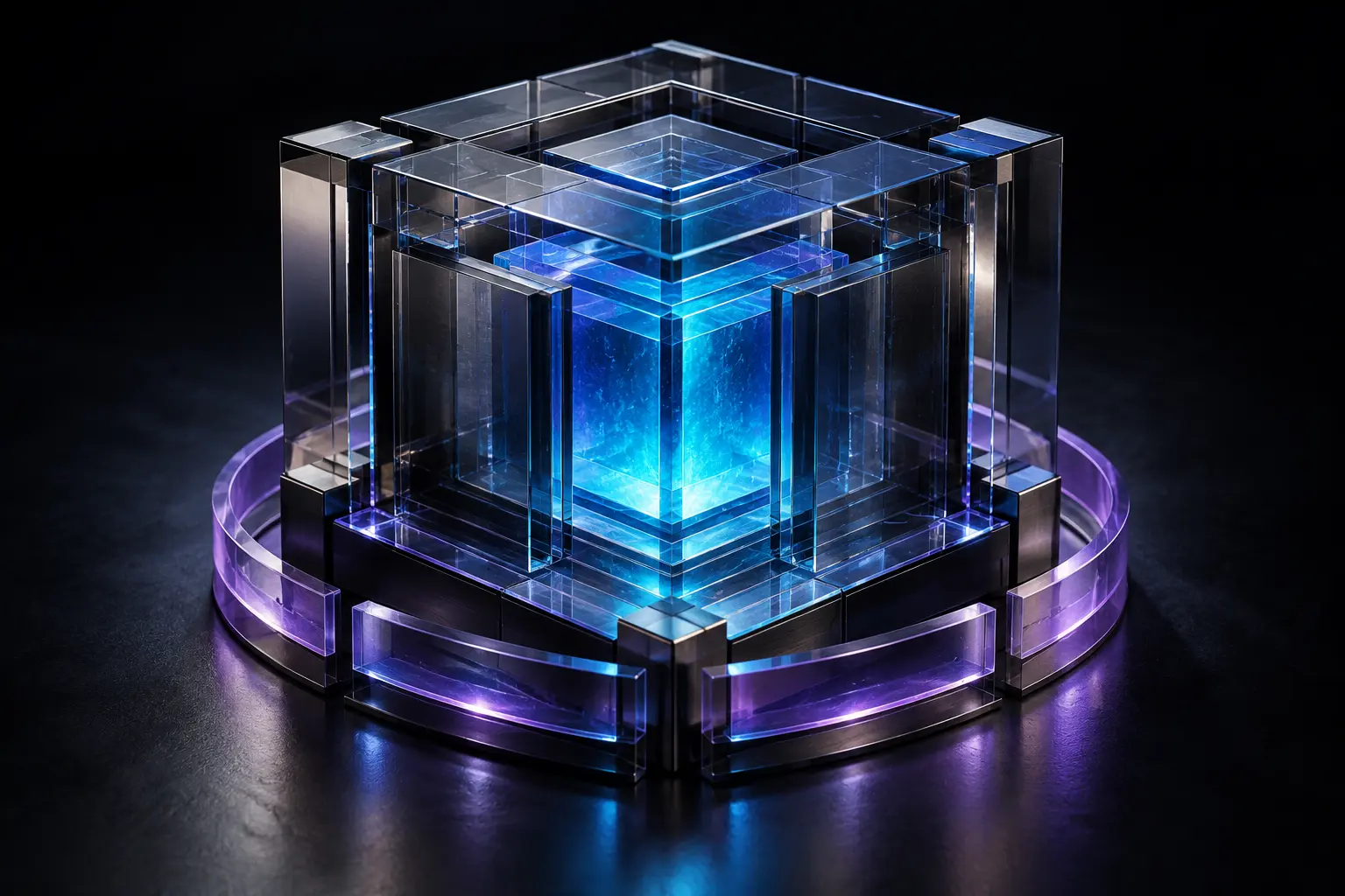 Layered smoked-glass cube with a blue inner core and a violet perimeter ring.